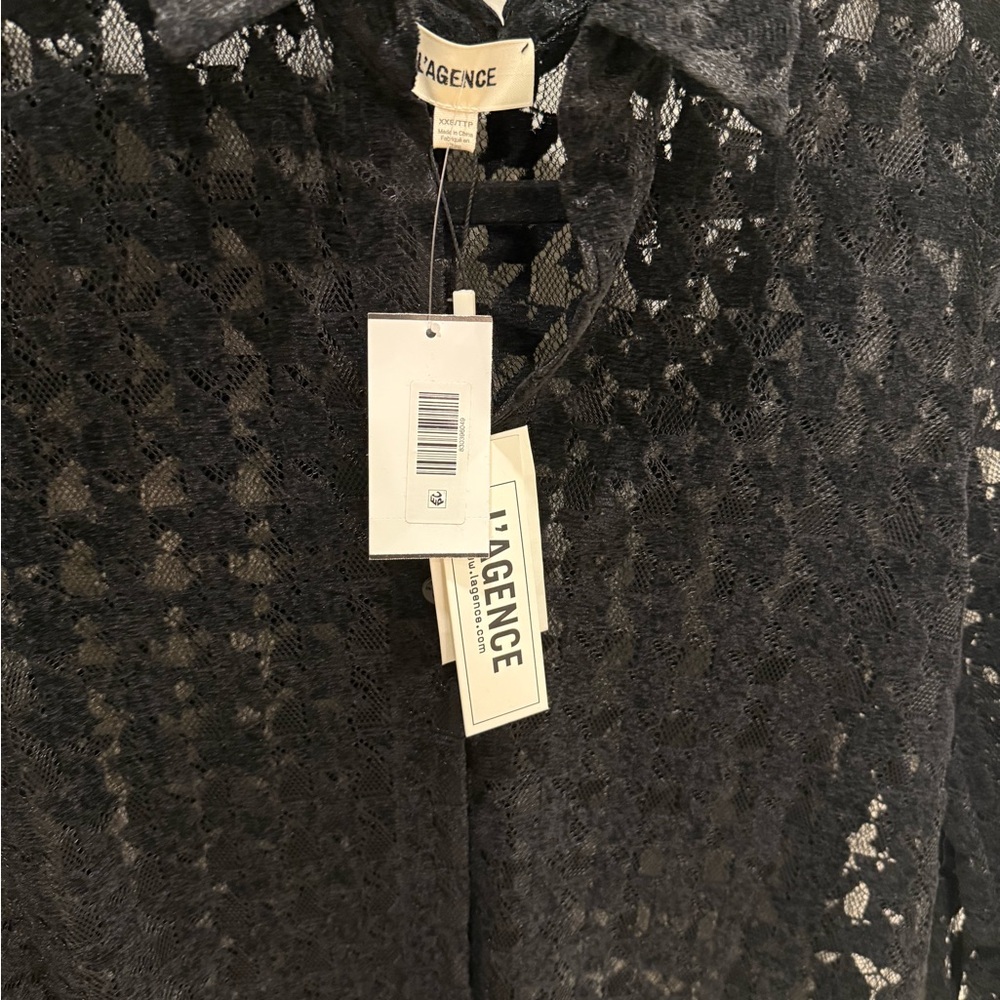 L'AGENCE Black Sheer Houndstooth-Textured Button Shirt - Picture 4 of 6
